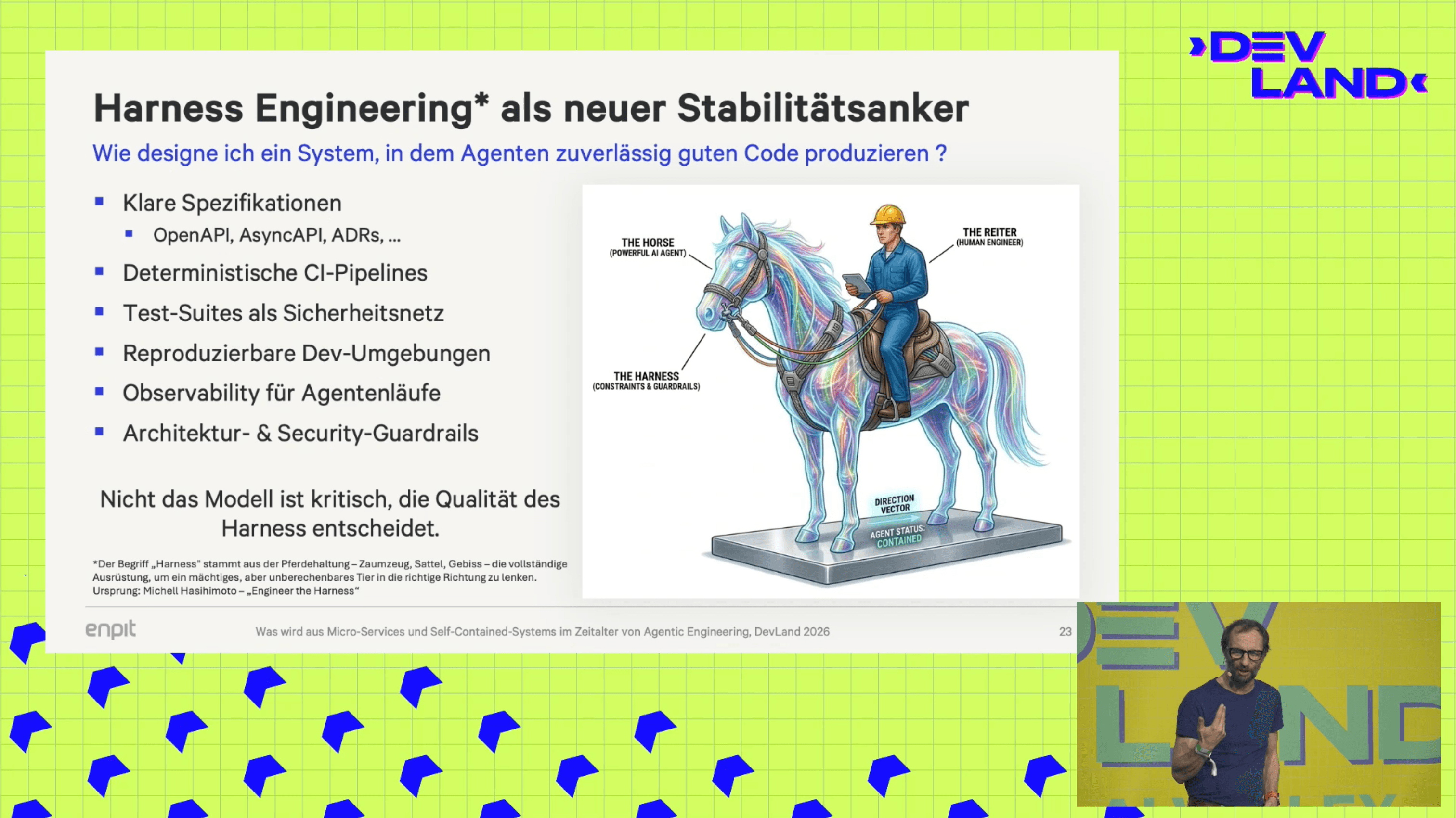 Ulrich Gerkmann-Bartels stellt das Konzept von Harness Engineering in Bezug zu KI und Agentic Engineering auf Devland Konferenz vor.