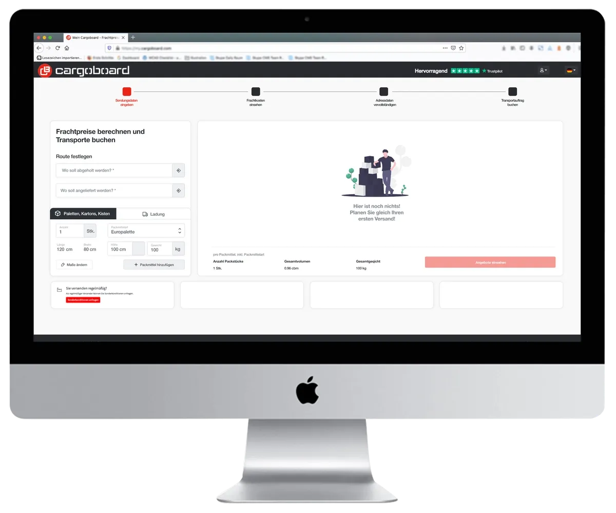 Mockup Screen des Versandkostenrechners der Plattform Cargoboard