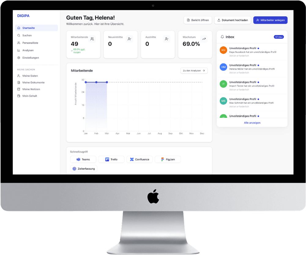 Das Dashoboard unserer digitalen Personalverwaltungssoftware DigiPa