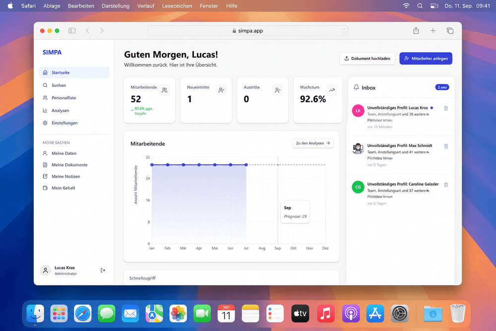 DIe Startseite von SimPa ist auf einem Mac Startbildschirm zu sehen