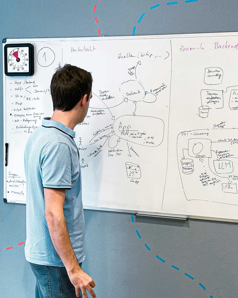 Ein Mann skizziert Bausteine eines Design Systems an einem Whiteboard.